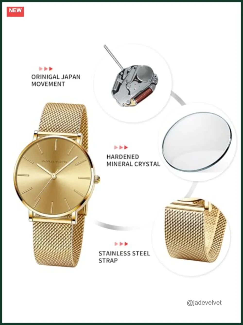 Luxury Gold Women's Watch Stainless Steel Analog Quartz Dress Watch Water